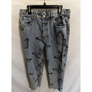 Pacsun Women’s Distressed Hem Jeans Size 28x27 Blue Butterfly Motif Party School